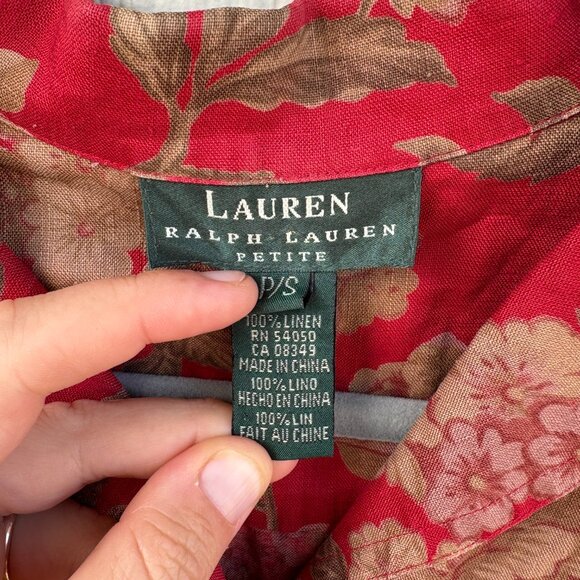 Lauren Ralph Lauren Linen Camp Shirt Women's Small Petite Red Floral Utility - Picture 2 of 8